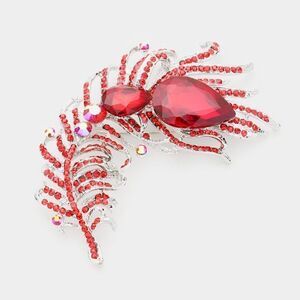 Curved Feather Red Crystal Teardrop Brooch